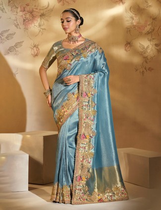 Sea green silk saree enriched with resham finesse