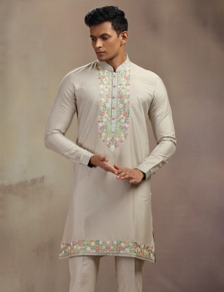 Beige festive wear banarasi silk kurta pajam