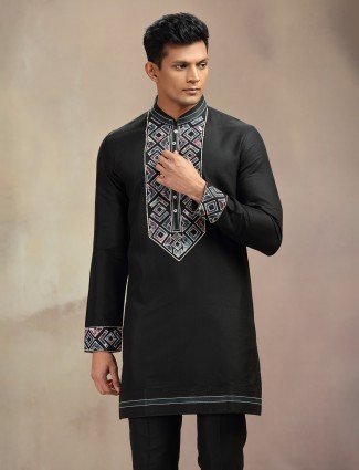 Black banarasi silk embroidery worked kurta pajama