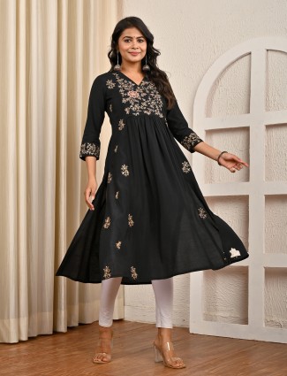 Black cotton silk yoke design thread and sequins kurti