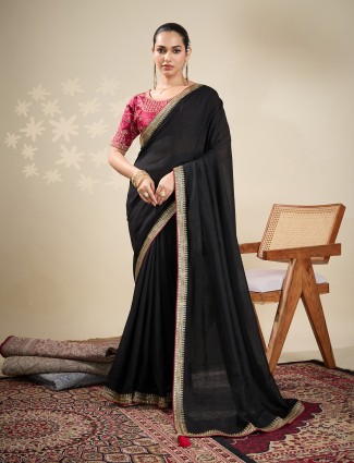 Black party wear plain silk saree