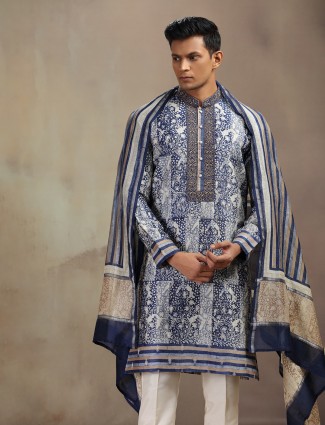 Blue chanderi silk printed kurta pajama with dupatta