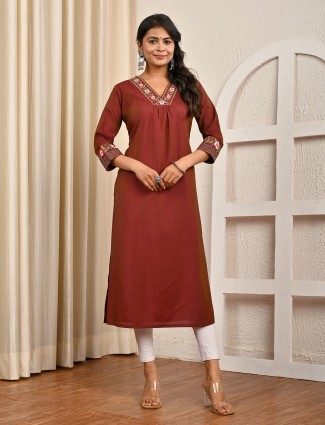 Brown cotton silk embroidered work casual kurti