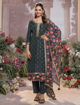 Dark grey silk zardosi embroidered pant suit