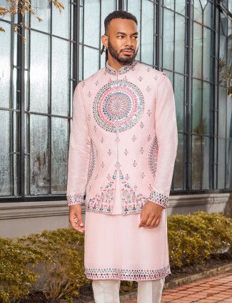 Timeless light pink soft art silk waistcoat set