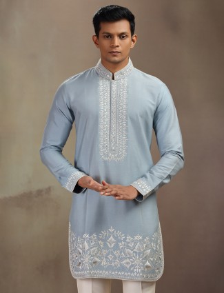 Grey banarasi silk kurta pajam with embroidery