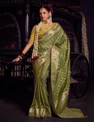 Mehendi green viscose tissue silk saree for festive occasion