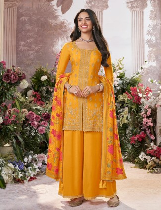 Mustard yellow georgette silk palazzo suit