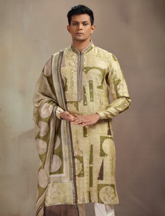 Olive banarasi silk printed kurta suit with dupatta