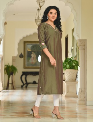 Olive cotton silk embroidered V neck kurti