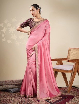 Peach silk festive wear saree with brown blouse