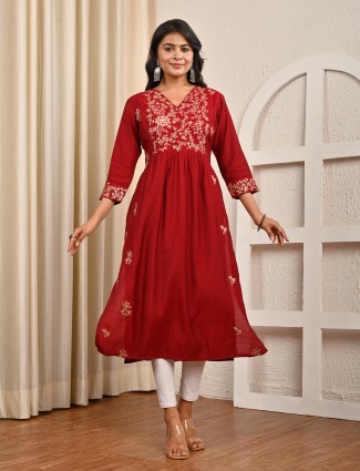 Red cotton silk yoke style thread and sequins kurti