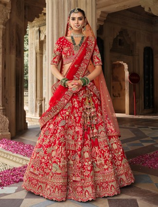 Red silk bridal lehenga choli with sequins detailing