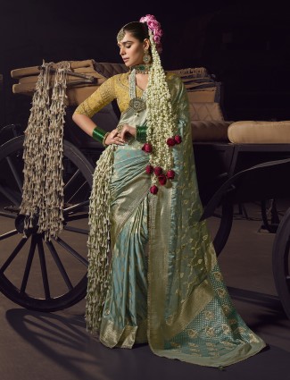 Sky blue viscose tissue silk saree for festive wear