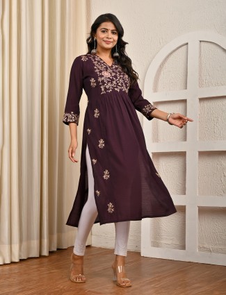 Wine cotton silk thread and sequins yoke kurti