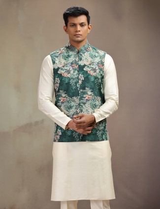 Cream and green cotton waistcoat set with artistic printed accents