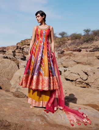 Multi color organza palazzo salwar suit with zari elegance