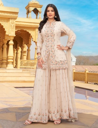 Graceful beige georgette embroidered palazzo suit