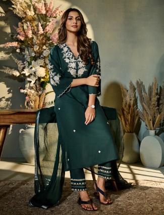 Dark green cotton silk kurti set with thread work