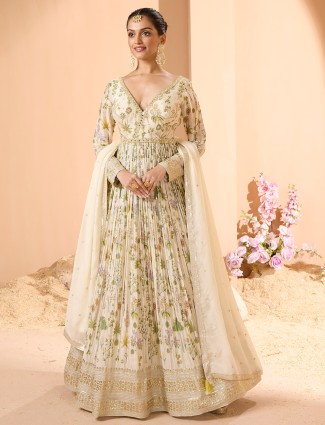 Cream silk printed anarkali suit for wedding glamour