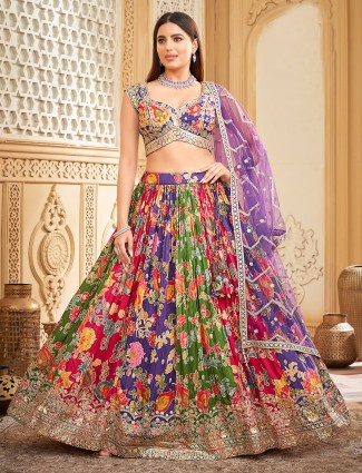 Multi color silk resham embroidered lehenga choli