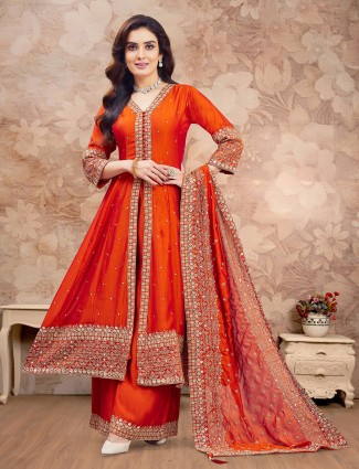 Orange silk pakistani palazzo suit with resham detailing