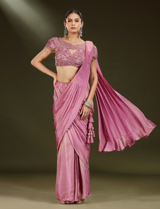 Pastel pink crepe silk designer party saree