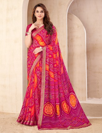 Pink chiffon festive printed saree for women