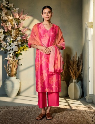 Pink printed silk kurti for women