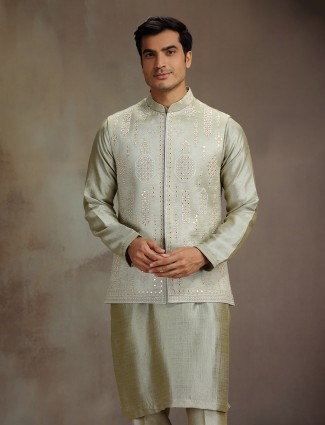 Pista green silk wedding waistcoat ensemble