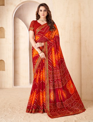 Red chiffon printed bandhani festive saree