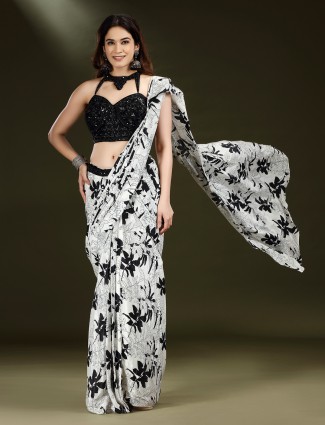 White satin silk embellished ready saree