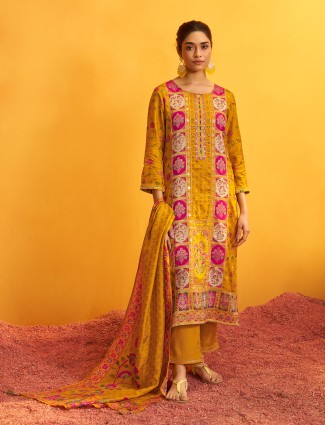 Yellow printed silk festive kurti set