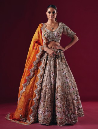 Beige silk bridal mirror work lehenga choli