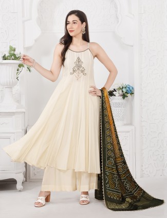 Cream silk festive celebration kurti set