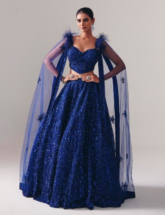 Designer blue net stone work lehenga choli