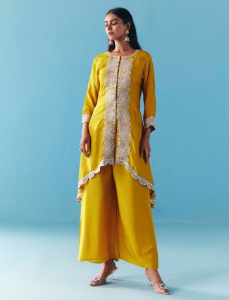 Dusty yellow silk pearl palazzo salwar suit
