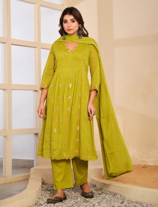 Light green cotton silk festive kurti set