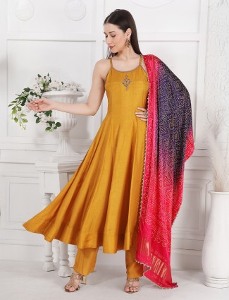 Orange silk kurti set with printed dupatta