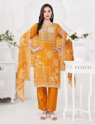 Orange silk printed festive kurti set for women