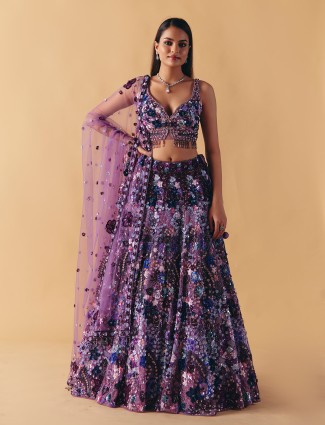 Purple net pearl weaving lehenga choli