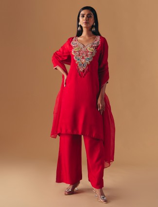 Red silk sweetheart embroidered salwar suit