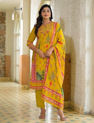 Yellow silk haldi printed kurti set