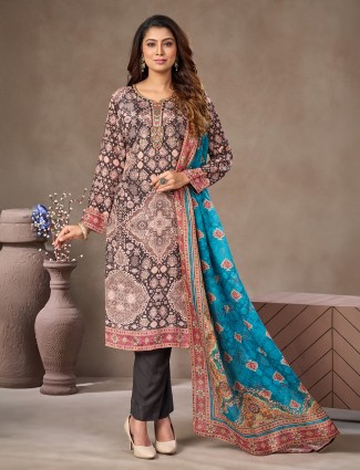 Black brown silk mirror work salwar suit
