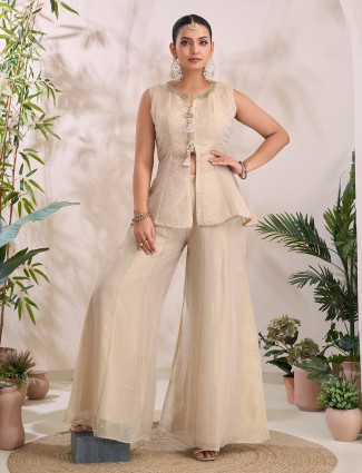 Cream tissue silk palazzo suit with sparkling embellishments