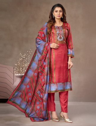 Light maroon silk embroidered salwar suit