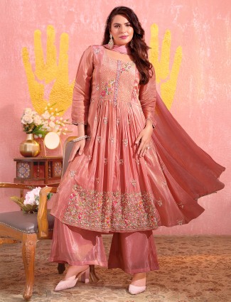 Peach tissue silk pakistani palazzo suit with embellished detailing