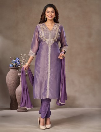 Purple tissue silk V neck salwar suit