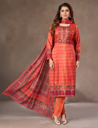 Rust orange silk embellished salwar suit