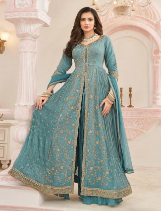 Stone blue chiffon palazzo suit